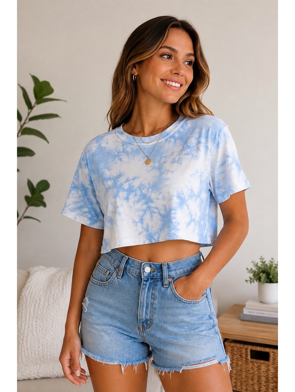 Aerie Blue White Tie Dye Crop Top Open Back Tie Detail Women’s XL